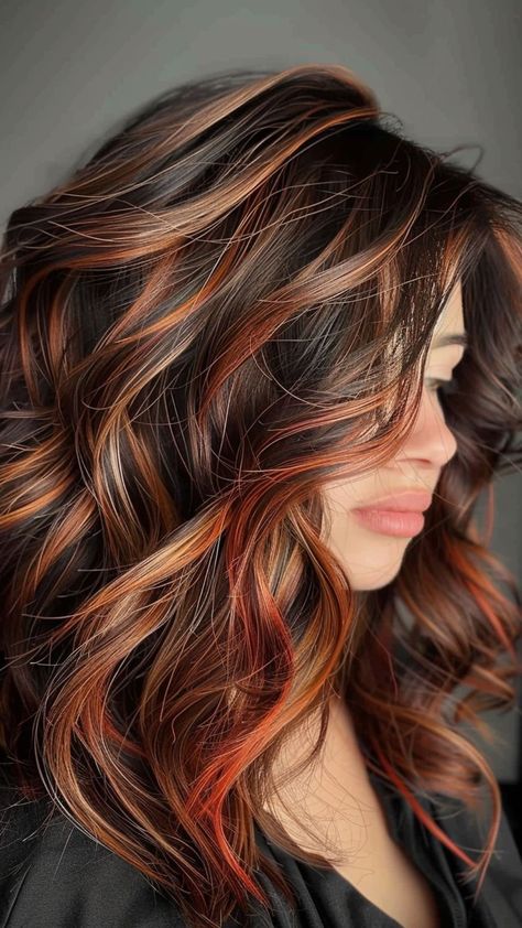 Red And Blonde On Brown Hair, Brunette Red Balayage Caramel Highlights, Fall Hair Red Highlights, Woman’s Fall Hair Color, Brown Hair And Copper Highlights, Dark Hair With Red Highlights Balayage, Red Caramel Highlights On Dark Hair, Hair Inspo Color Fall, Colorful Fall Hair Colors