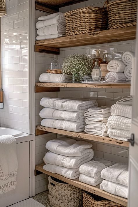 Clever Shelf Ideas for Small Bathroom Storage - Quiet Minimal Lake House Bathroom, Cozy Bathroom, Bathroom Shelf Decor, Cottage Bathroom, Bathroom Decor Apartment, Transitional Living, Small Bathroom Storage, Bathroom Inspiration Decor, Transitional Decor