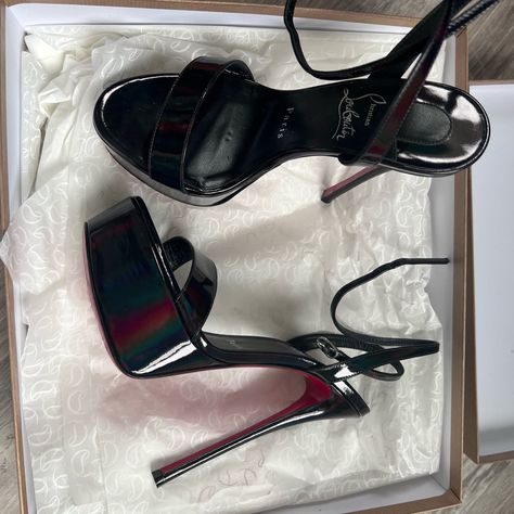 Only Worn Once, Christian Louboutin 150mm Loubi Queen Alta Patent Leather Open Toed Heels. Black Leather That Looks Like An Oil Slick In Certain Light. Comes With Box, Dust Bags, Certificate And Pegs. Loubi Queen, Oil Slick, Open Toed Heels, Heels Black, Louboutin Shoes, Christian Louboutin Shoes, Platform Heels, Patent Leather, Christian Louboutin