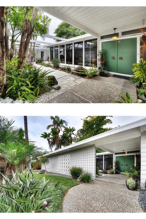 midcentury mid century modern white home exterior high tall front door doors… White Home Exterior, Mid Century Modern Exterior, Casa Retro, Mid Century Exterior, Modern Landscape Design, Casa Patio, Mid Century Modern Home, Mid Century Architecture, Casa Exterior