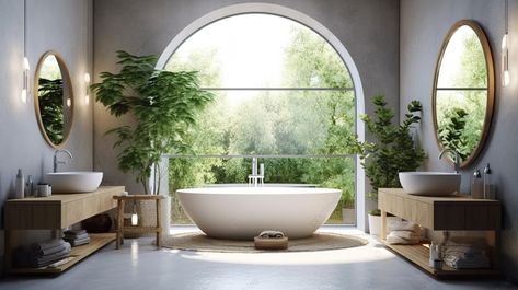 Breathtaking 3d Render Of A Scandinavian Bathroom With An Arched Window Offering Stunning Nature Views Background Window Background, Background Classic, Window In Shower, Bathroom Floor Plans, White Window, Scandinavian Bathroom, Stunning Nature, Furniture Classic, Room Window