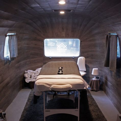 Massage Trailer, Pender Island, Beauty Therapy Room, Spa Room Decor, Airstream Trailer, Glamping Resorts, Sports Massage, Spa Room, Beauty Therapy