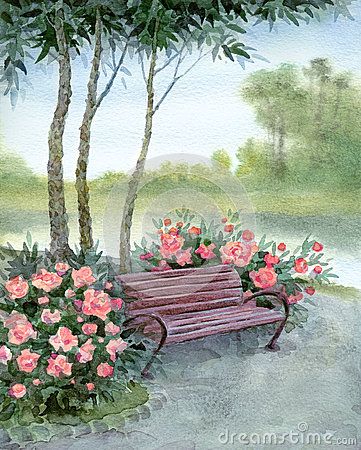 Bench Under Tree Flowers Park Stock Photos, Images, & Pictures – (172 Images) Bush Drawing, Bench Drawing, Landscape Park, Landscape Clipart, Spring Roses, Diy Watercolor Painting, Spring Painting, Framed Abstract, Diy Watercolor