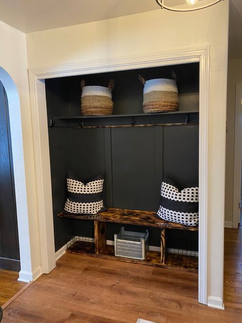 Black Entry Closet, Closet Mudroom Entryway, Entryway Closet Makeover, Entrance Closet, Coat Room, Closet Mudroom, Mudroom Remodel, Mudroom Closet, Closet Redo