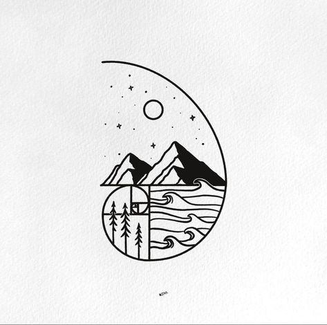 Hammock Tattoo Simple, Earth Sketch Simple, Minimalistic Mountain Tattoo, Landscape Doodles, Mountain And Sea Tattoo, Circular Tattoo Designs, Moutain Tattoos, Fibonacci Tattoo, Matching Bff Tattoos