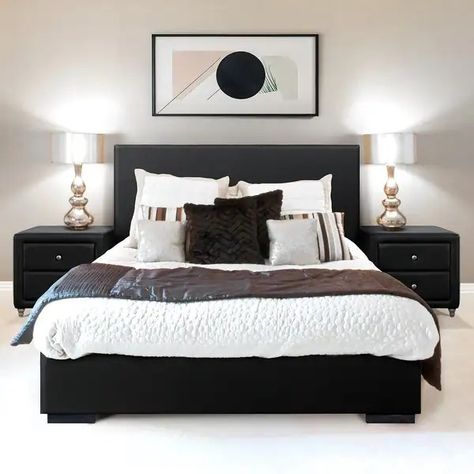 Black Upholstered Headboard, Leather Headboard Bedroom, Black Leather Headboard, Upholstered Platform Bed King, Upholstered Platform Bed Queen, Leather Platform Bed, Taupe Walls, Black Bed Frame, Modern Platform Bed