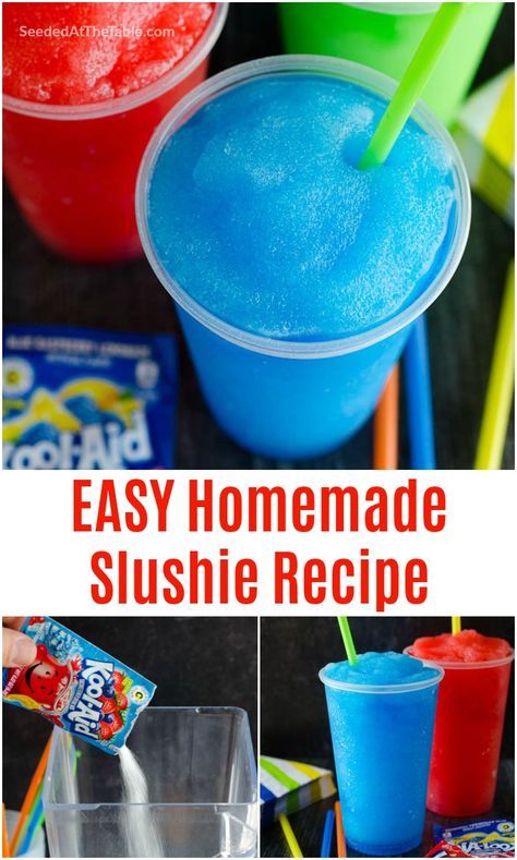 Learn how to make a slushie in your blender at home with just 4 ingredients. This homemade slushie recipe, using Kool-aid powder, is a summertime favorite and comes together in less than 5 minutes! Homemade Slushie, Homemade Slushies, Kid Drinks Recipes, Slushy Drinks, Slushie Recipe, Recipe For Kids, Kid Drinks, Punch Recipes, Frozen Drinks