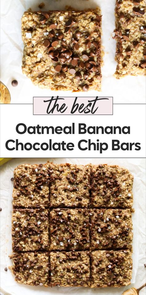 Try the best oatmeal bars ever with this recipe for banana peanut butter oatmeal bars! These baked oatmeal bars are a perfect healthy snack or breakfast option. The best oatmeal chocolate chip bars combine peanut butter, banana, and oats for a delicious on the go snack. Enjoy this banana oatmeal bars recipe for easy baked banana oat bars anytime! Peanut Butter Banana Baked Oatmeal Bars, Healthy Snack With Bananas, Peanut Butter Banana Granola Bars, Banana Chocolate Bars, Banana Oats Recipes, Banana Oatmeal Recipes, Banana And Oats Recipes, Banana Chocolate Chip Oatmeal Bars, Banana Peanut Butter Oatmeal Bars