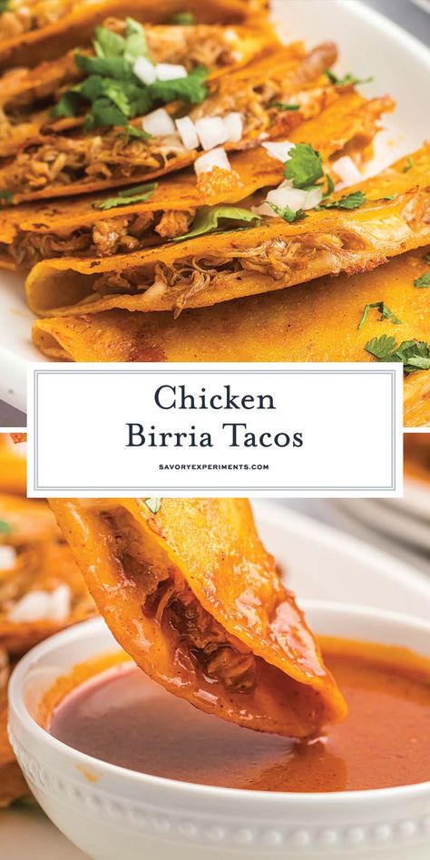 These EASY Birria Tacos, packed spicy, earthy, and aromatic flavors are made with chicken instead of beef! They will have you looking forward to taco Tuesday at home!