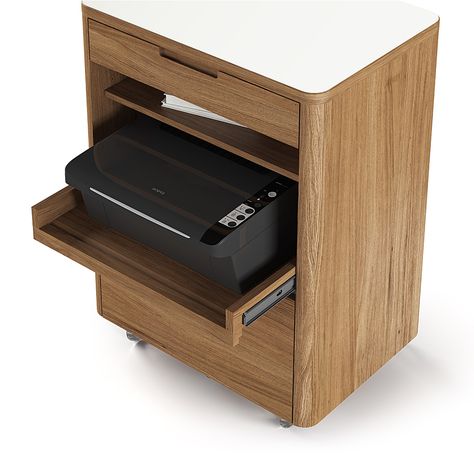 Part of the Kronos Office Collection by BDI, the 6717 Multifunction Cabinet features a pull out printer tray, locking casters, storage drawer and an adjustable shelf. Available in a striking satin white and natural walnut finish. Study Table With Printer Space, Printer Desk, Computer Table Design, Printer Tray, Printer Storage, Printer Cabinet, Printer Shelf, Desk Organisation, Printers Drawer