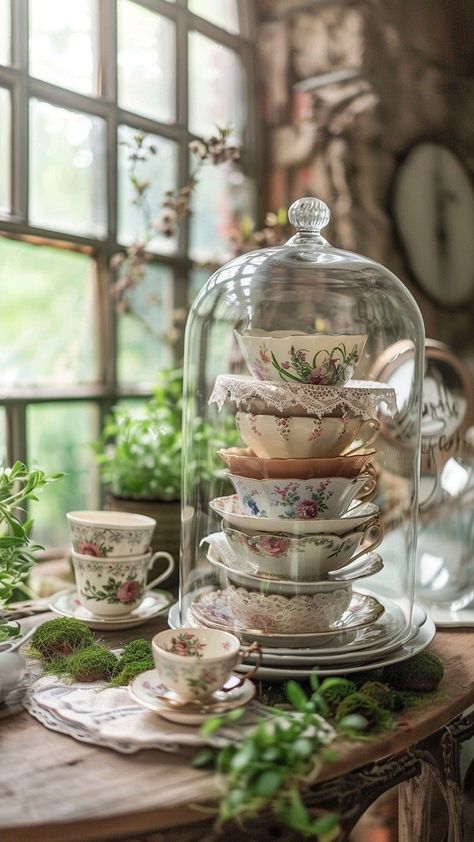 Tea Set Display, Tea Room Decor, Tea Cup Display, Vintage Tea Rooms, Cloche Decor, Crockery Design, Tea Party Table, Tea Decor, Sewing Room Decor