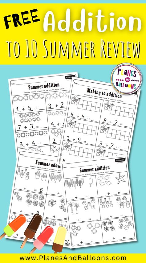 Free printable addition to 10 worksheets for kindergarten summer review. Use these in your classroom ro homeschool when practicing addition. Addition with pictures to 10. Addition with ten frames. Summer Review Kindergarten Free, Summer Math Worksheets Kindergarten, Kindergarten Summer Worksheets Free Printables, Addition To 10 Worksheets, Addition With Pictures, Kindergarten Summer Review, Summer Math Worksheets, Math Worksheets For Kindergarten, Summer Math Activities