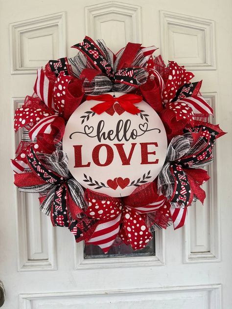 Valentine Wreath Craft, Valentine Mesh Wreaths, Huntington Wv, Valentines Day Wreath, Front Door Hanger, Hello Love, Hanger Home, Valentine Day Wreaths, Unique Valentines