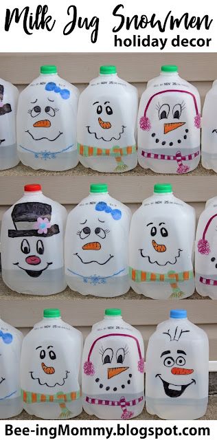 Milk Jug Snowman Craft, Christmas Lights In Milk Jugs, Repurpose Milk Jugs, Milk Jug Snowman, Christmas Milk Jug Decor, Milk Jug Crafts For Christmas, Milk Jug Christmas Decorations, Milk Jug Halloween Decor, Gallon Jug Crafts