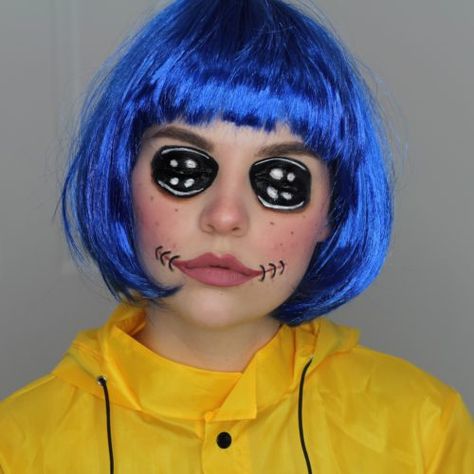 Blue Hair Characters Halloween, Coraline Makeup Halloween, Blue Hair Halloween Costumes Ideas, Fine Hair Styles, Coraline Button Eyes, Coraline Makeup, Coraline Halloween, Coraline Costume, Fine Hair Styles For Women