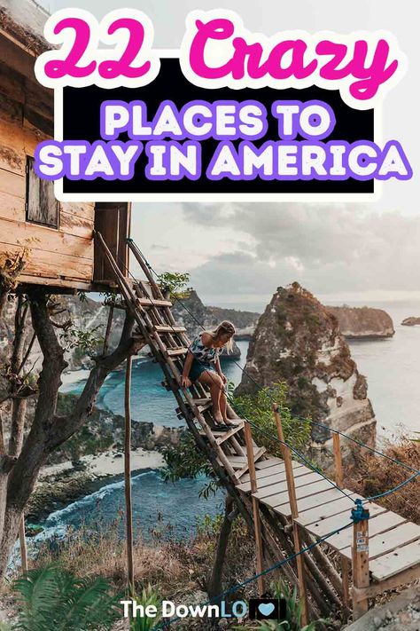 22 Crazy Places to Stay in America. Unique hotel design and architecture around the world makes a crazy vacation concept come to life. Inspiration and ideas for your next trip from outdoor treehouses to mountain and nature retreats. These awesome home rentals and airbnb are not your average resort. From budget to luxury, beach to city, plan to stay at one of these awesome, weird hotels in America or add it to your travel bucket lists. Cool Hotels In United States, Places To Vacation In The Us, Unique Places To Stay In The Us, Unique Places To Travel In The Us, Unique Travel Experiences, Unique Vacations In The Us, Coolest Places In The World, Cool Places To Visit In The Us, Places To Visit In The Us