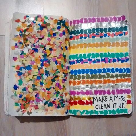 #wreckingtime #wreckthisjournal #confetti #wtj #colourful #makeamesscleanitup #page99and100 #mess #creative #art #favourite #page #so #far Made by @Adriana Mangotree Create And Destroy Book Ideas, Create This Book, Wreck This Journal, N Craft, Art Doodles, Bullet Journal Art, Art Journal Ideas, Art N Craft, Art Creativity