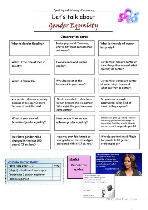 Let's talk about Gender Equality - English ESL Worksheets for distance learning and physical classrooms Gender Equality Activities, Lgbtq Worksheets, Gender Equality Poster, Inequalities Activities, Equality Poster, Present Perfect Tense, Speaking Cards, A Quotes, What Is Feminism