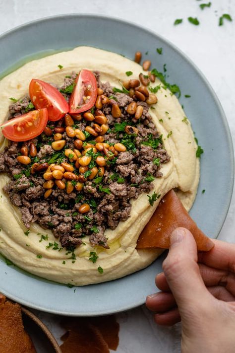 My Lebanese Hummus with Ground Beef is a recipe I learned from my parents. It's simple and authentic and topped with ground beef and pine nuts! | Hummus Dips | Lebanese Snacks | Appetizers | #dips #hummus #lebanesefood #feelgoodfoodie Easy Hummus Recipe, Ground Beef Recipe, Middle East Recipes, Ground Beef Dishes, Homemade Hummus, Ground Beef Recipes For Dinner, Beef Recipe, Lebanese Recipes, Hummus Recipe