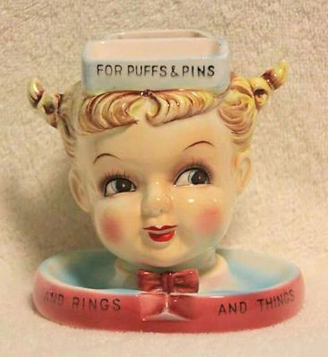 Fun Ceramics, Girl With Pigtails, Lefton Figurines, Pin Holder, Vintage Kitsch, Head Vase, Plywood Furniture, Vintage Planters, Vintage Vanity