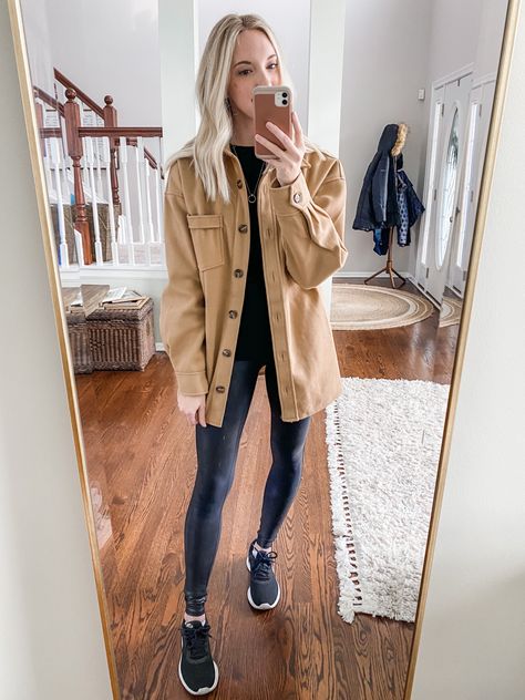 Tan neutral shirt jacket leggings outfit Tan Shirt Jacket Outfit, Light Tan Jacket Outfit, Neutral Shacket Outfit, Shaket Jacket Outfit Casual, Tan Shirt Outfit Women, Tan Jean Jacket Outfit, Tan Shacket Outfit Women, Tan Button Down Shirt Outfit, Tan Button Up Shirt Outfit