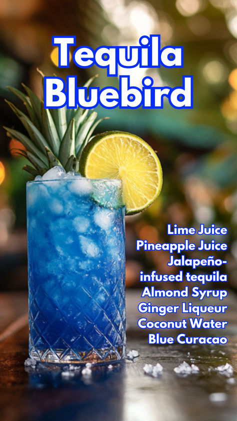 Tequila Bluebird Tequila Mixed Drinks Recipes, Sweet Tart Drink Alcohol, Morning Drinks Alcohol, Blue Tequila Drinks, Margarita Drink Aesthetic, Tequila Recipes Drink, 1800 Tequila Drinks Recipes, Alcohol Mixed Drinks Recipes, Simple Alcoholic Drinks