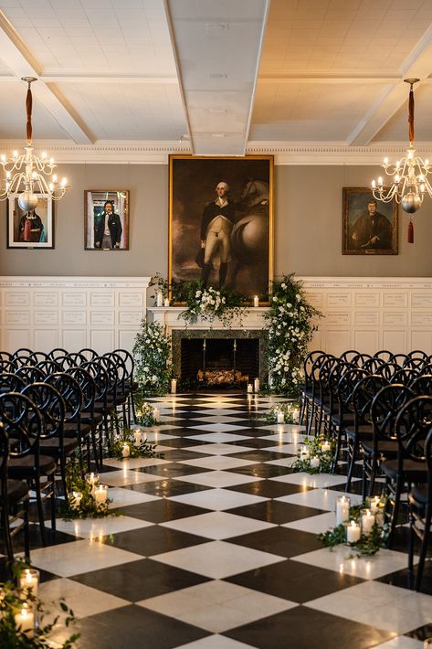 Black Ceremony Chairs, Black And White Wedding Ceremony, Museum Wedding Ceremony, Gold Wedding Ceremony, Wedding Ceremony Decorations Indoor, Hotel Wedding Ceremony, Wedding Ceremony Chairs, Gold Winter Wedding, Indoor Wedding Ceremony