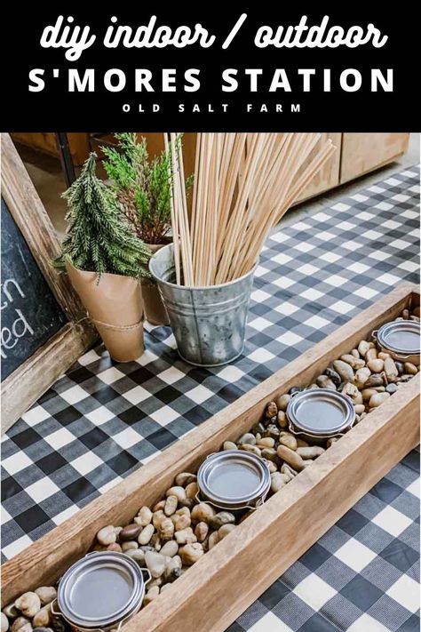 A S'mores Station is an easy way to enjoy s'mores both indoor and outdoors! Perfect for entertaining--weddings, parties, graduations, and more. Smores Dessert Bar, Diy Smores Bar, Indoor Smores, Wedding Open House, Smores Station, Smores Party, Eagle Scout Ceremony, Smores Bar, Smores Dessert