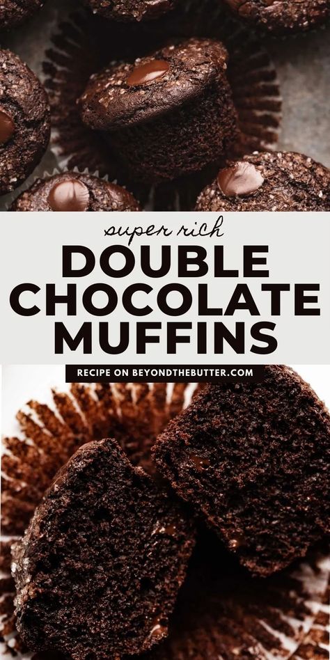 These Double Chocolate Muffins are moist, rich, and filled with melted dark chocolate chips. They're easy to make, require no mixer, and taste absolutely fantastic! For a little added crunch to each bite, sprinkle over the top some sparkling sugar before baking! Find the full recipe on BeyondtheButter.com. Double Chocolate Muffin Recipe, Cowboy Cookie, Triple Chocolate Muffins, Double Chocolate Chip Muffins, Healthy Muffin, Chocolate Muffin Recipe, Double Chocolate Muffins, Dessert Sauce, Muffin Man