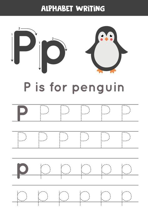 Tracing alphabet letter P with cute cartoon penguin. P For Penguin, Tracing Alphabet Letters, Tracing Alphabet, Cartoon Penguin, Alphabet Pictures, Letter P, Lettering Alphabet, Penguins, Cute Cartoon