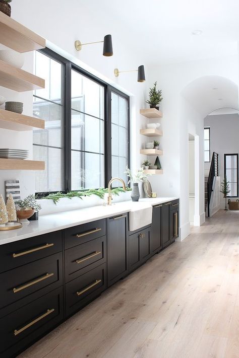 The Forest Modern, Wood Floor Bathroom, Dark Brown Cabinets, Bright Kitchens, Wood Kitchen Cabinets, Dark Kitchen Cabinets, White Countertops, Black Cabinets, Farmhouse Style Kitchen