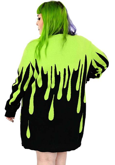 An ode to 90's nostalgia. This cardigan is black with perfect slime green drips all over. It features a button front and deep pockets for added convenience. Exceptionally soft and comforting. It is the perfect accompaniment for your Halloween book fairs and horror TV marathons! Model Info: Model is wearing size unisex XL/2XL. Material: 45% Viscose/27%Nylon/28%Polyester Designed by Foxblood in Los Angeles, made overseas. Measurements: In Inches SIZE BUST XS/S 21 M/L 24 XL/2XL 26 3XL/4XL 28 FOXBLO Slime Outfit, Mesh Bolero, Perfect Slime, Contemporary Clothes, Hoodie Diy, Halloween Books, Orange Sweaters, Book Fair, Green Outfit