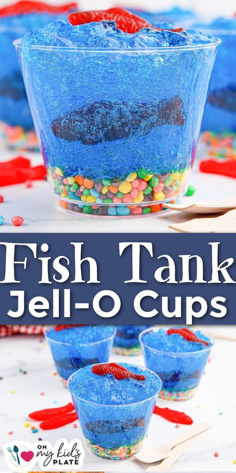 Mini Fish Tank Jell-O Cups Breaker Rock Beach Vbs 2024 Food Ideas, Fish Jello Cups, Snack Crafts For Kids, Ocean Theme Snacks, Camp Cake, Beach Theme Desserts, Ocean Snacks, Theme Snack, Jello Cups