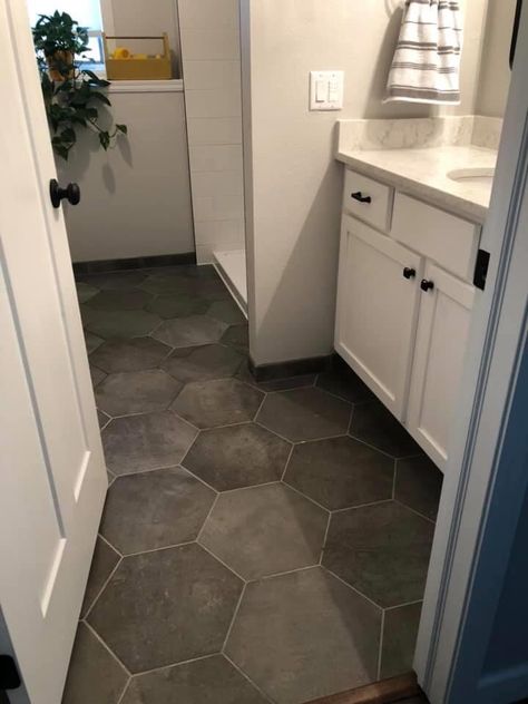 Grey concrete hexagon tile Concrete Hexagon Tile, Gray Hexagon Tile Bathroom, Hexagon Tile Laundry Room, Grey Hexagon Tile Bathroom Floor, Grey Hexagon Tile Bathroom, Gray Hexagon Tile Floor, Honeycomb Tiles Bathroom, Octagon Tile Bathroom, Hexagonal Tiles Bathroom