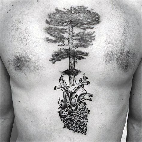 Mens Heart With Pine Cone And Tree Chest Tattoo Tree Chest Tattoo, Papa Bear Tattoo, Tree Chest, Pine Cone Tattoo, Cone Tattoo, Man Chest, Cool Nature, Bear Tattoos, Tattoo Designs For Men