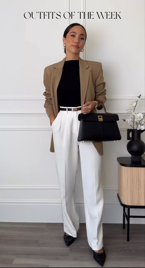 Tailored Trousers Outfit, Cream Trousers Outfit, Trouser Pants Outfits, Tailored Pants Outfit, Beige Blazer Outfit, Dress Pants Outfits, Camel Blazer, White Pants Outfit, Cream Trousers