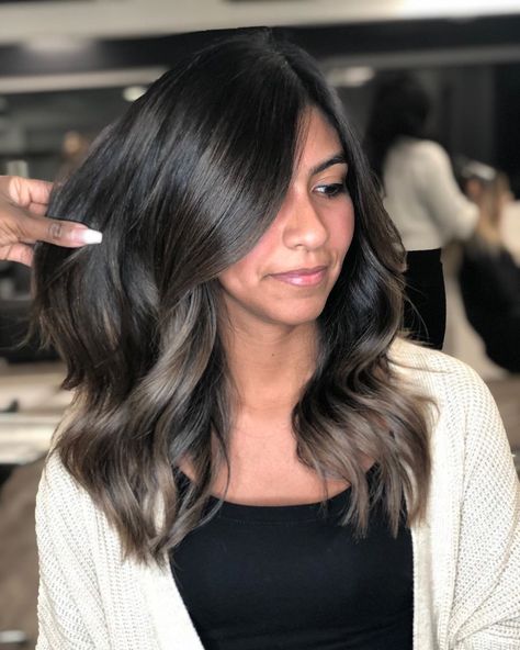 Black And Mushroom Balayage, Subtle Ash Brown Balayage On Black Hair, Mushroom Balayage Brunette, Smokey Ash Brown Balayage Dark, Subtle Balayage Brunette, Toned Balayage, Med Hair, Ash Blonde Hair Balayage, Black Hair Ombre