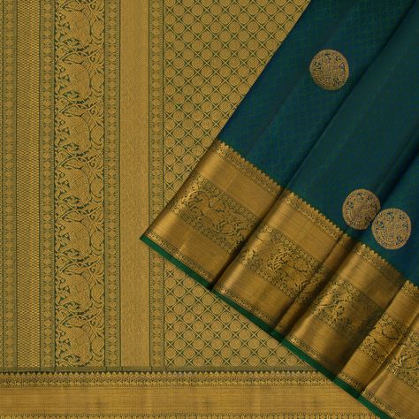 Explore all our Kanakavalli kanjivaram silk saris here-from the breezy Mandanila options, to the opulent Valli Muhurtham bridal and trousseau collectives. Kanjivaram Sari, Green Shot, Geometric Motifs, Indian Aesthetic, Silk Sari, Floral Jacquard, Jacquard Pattern, Dark Teal, Geometric Patterns