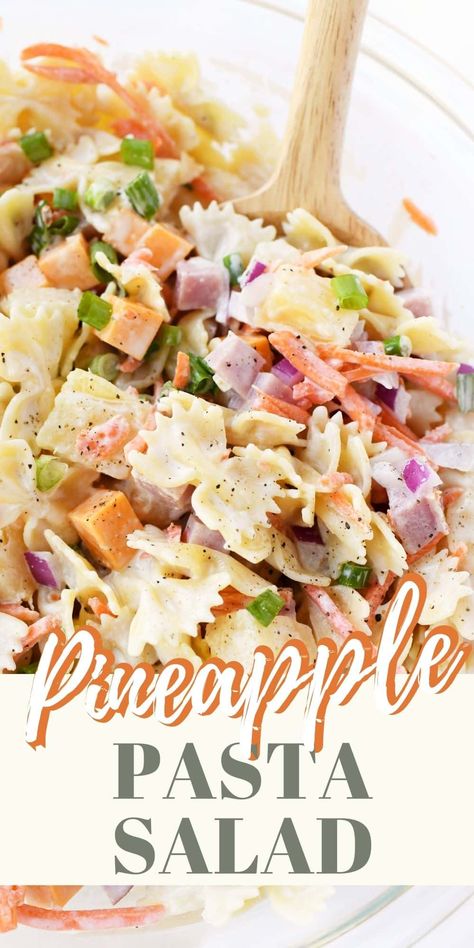 Pineapple Pasta Salad with Ham. A sweet and tangy pasta salad that is loaded with delicious flavor. The pineapple, ham, and cheddar cubes pair so perfectly together making for a scrumptious cold pasta salad. via @savvysavingcoup Pineapple Pasta Salad, Ham And Pineapple Pasta Salad, Jimmy Buffet Pasta Salad, Sweet Pasta Salads, Ranch Pasta Salad, Ham Salad, Savory Salads, Chicken Pasta Salad, Salad Dishes