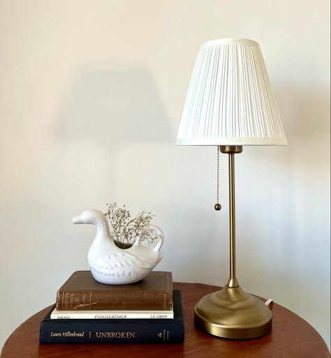 Thrift Lamp, Thrifted Lamps, Nightstand With Lamp, Night Stand Lamps, Cozy Lamps, Bed With Curtains, Night Stand Decor, Decore Aesthetic, Curtains Balcony