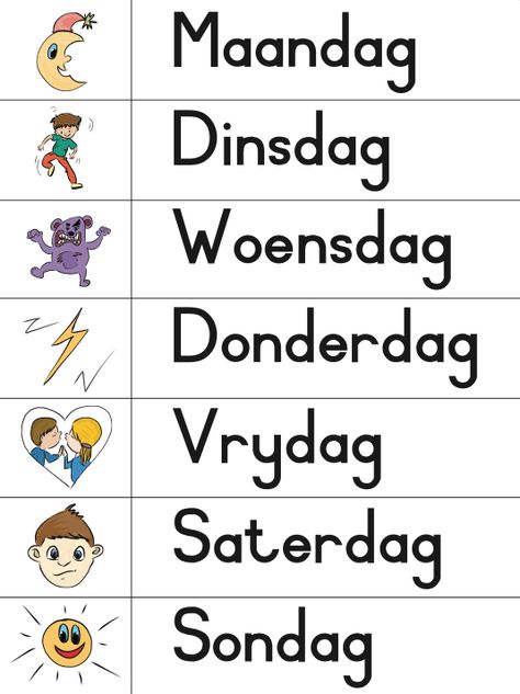 KraftiMama, Dae van die Week, Afrikaans Verniet Printables Graad 1 Afrikaans Werkkaarte, Afrikaans Klaskamer Plakkate, Seisoene Afrikaans, Taal Posters, Grade R Worksheets, Teaching Letter Recognition, Kids Preschool Learning, Afrikaans Language, Educational Activities For Preschoolers