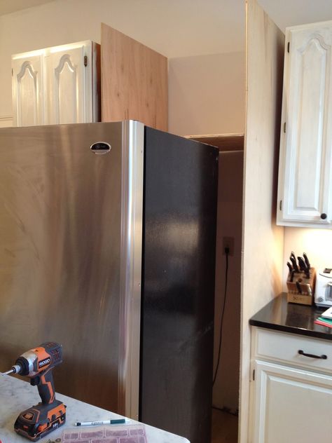 The refrigerator that came with this house is a great quality, newer model that we are thrilled not to have to replace.  The only trouble w... Fridge That Sticks Out, Refrigerator Sticks Out Past Cabinets, Change Fridge Handles, Fridge Sticks Out Past Cabinets, Fridge Enclosure Ideas, Counter Depth Refrigerator Vs Regular, Above Refrigerator, Hidden Fridge, Big Refrigerator