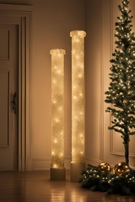 Wrap Pillars with Twinkling Lights for a Festive Look Indoor Christmas Lights Ideas, Christmas Lighting Ideas, Christmas Lights Ideas, Column Lighting, Indoor Christmas Lights, Decorating Walls, Lights Ideas, Christmas Lighting, Cozy Holiday