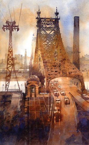 Iain Stewart, Roosevelt Island, Watercolor City, Watercolor Architecture, Power Lines, Watercolor Artists, Urban Sketching, Watercolor Inspiration, Mini Canvas Art