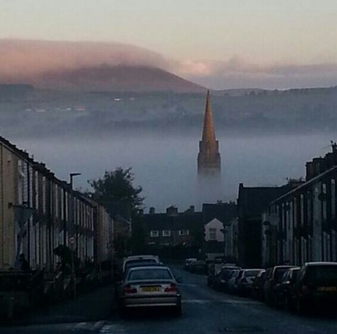 Pendle Hill with St Mary's spire looking towards Hibson Rd  Nelson Lancashire Magical Britain, Nelson Lancashire, Pendle Hill, Saint Mary, Ringo Starr, Old Buildings, Coven, Cn Tower, The Beatles