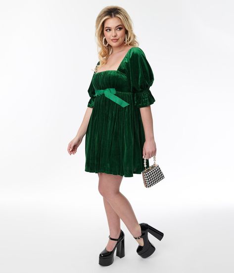 Smak Parlour Green Velvet Love Interest Babydoll Dress - Unique Vintage - Womens, DRESSES, BABYDOLL Dresses Materials, Love Interest, Green Velvet Dress, Plus Size Cocktail Dresses, Dress Unique, Shirred Dress, Womens Vintage Dresses, 1960s Fashion, Wiggle Dress