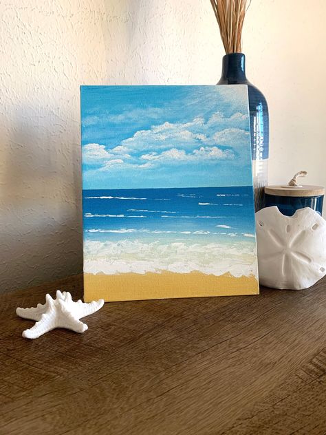 Blue Painting Aesthetic, Ocean Painting Easy, Ocean Painting Acrylic, Beachy Paintings, Paint Ocean, Art Mini Toile, Ocean Art Painting, Halloweenský Makeup, Beach Scene Painting