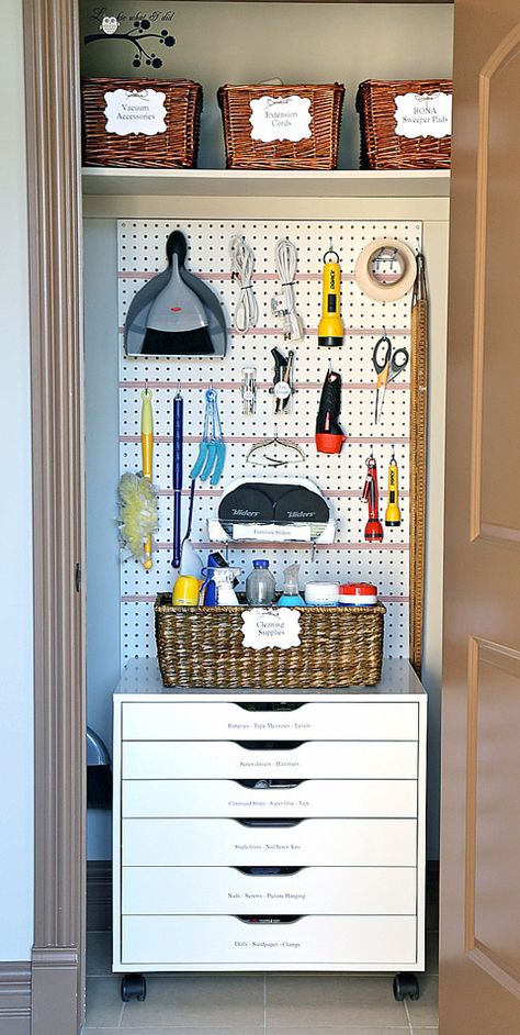 IHeart Organizing: Reader Space: Small Space, Big Function Utility Room Organization, Skoolie Conversion, Organized Garage, Utility Closet, Space Organization, Organization Station, Big Closets, Extension Cords, Closet Organization Diy