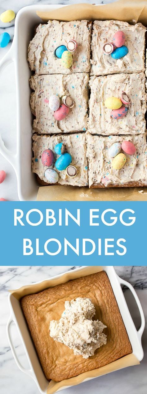 Blondies in a 8x8 pan with robin egg candy frosting. Easter desserts. Birds nest dessert for Easter. Malt ball candy dessert frosting. Easter Cookie Bars, No Egg Desserts, 8x8 Pan, Easter Desserts, Easter Desserts Recipes, Blondies Recipe, Dessert For Two, Spring Desserts, Candy Desserts