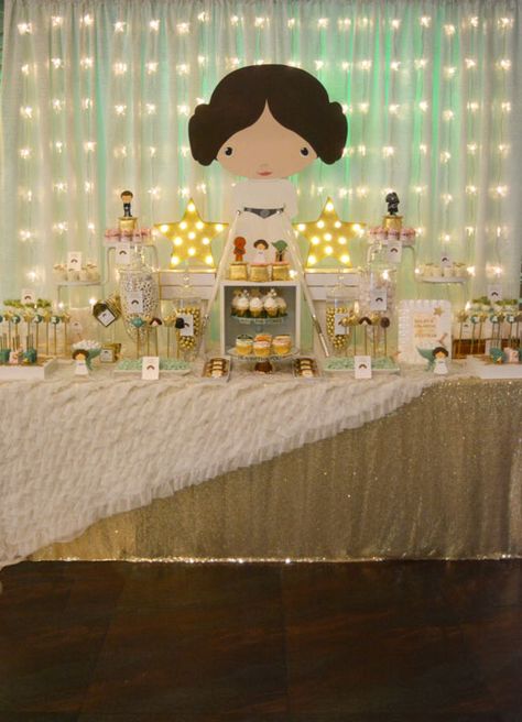 Star Wars Baby Shower featuring Princess Leia Princess Leia Party, Star Wars Girl, Fiesta Shower, Star Wars Baby Shower, Baby Shower Table Decorations, Boy Baby Shower Ideas, Star Wars Princess, Star Wars Birthday Party, Star Shower